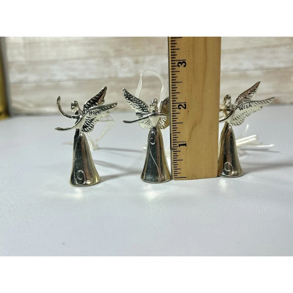 Set Of 3 Silver Tone Metallic Angel Christmas Ornaments Hope Joy Wish Decor